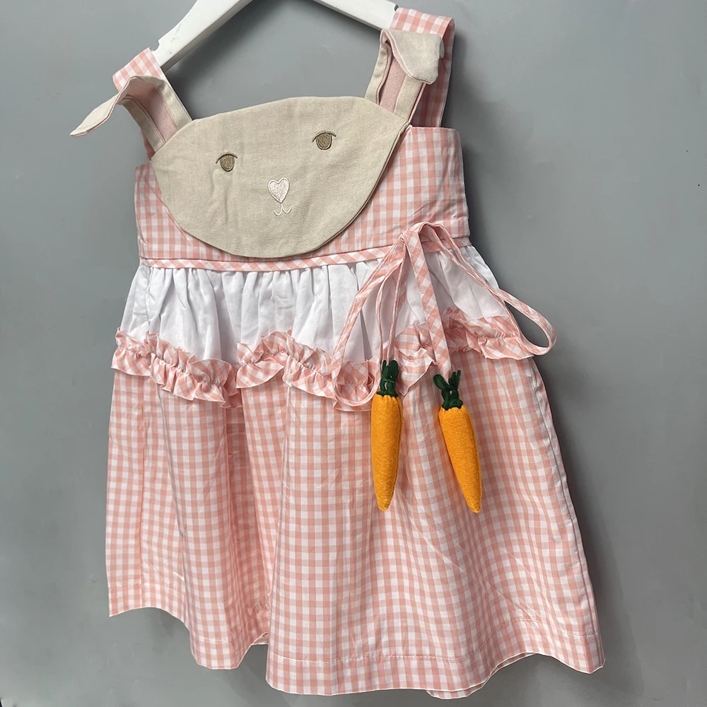 Children Boutique Clothing Summer Girl Cotton Pink Plaid Sleeveless Dress Supper Cute Bunny Radish Skirt Baby Outfit For 18m-6T