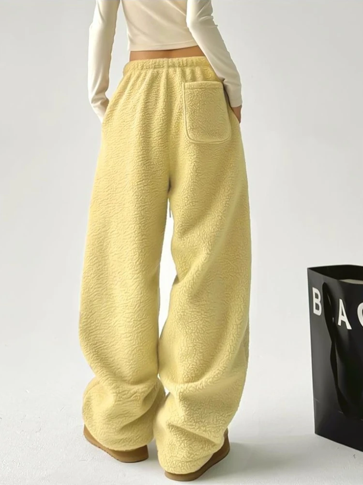 Deeptown Black Basic Wide Leg Women Pants White High Waist Korean Fashion Straight Polar Fleece Trousers Baggy Casual Winter