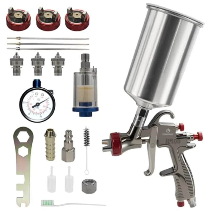 

Пистолет-распылитель LVLP с соплами 1,3 мм, 1,5 мм и 1,7 мм, 1000 куб.см, алюминиевая чашка для краски, фильтр для контроля воздушного потока, идеально подходит для автомобилей