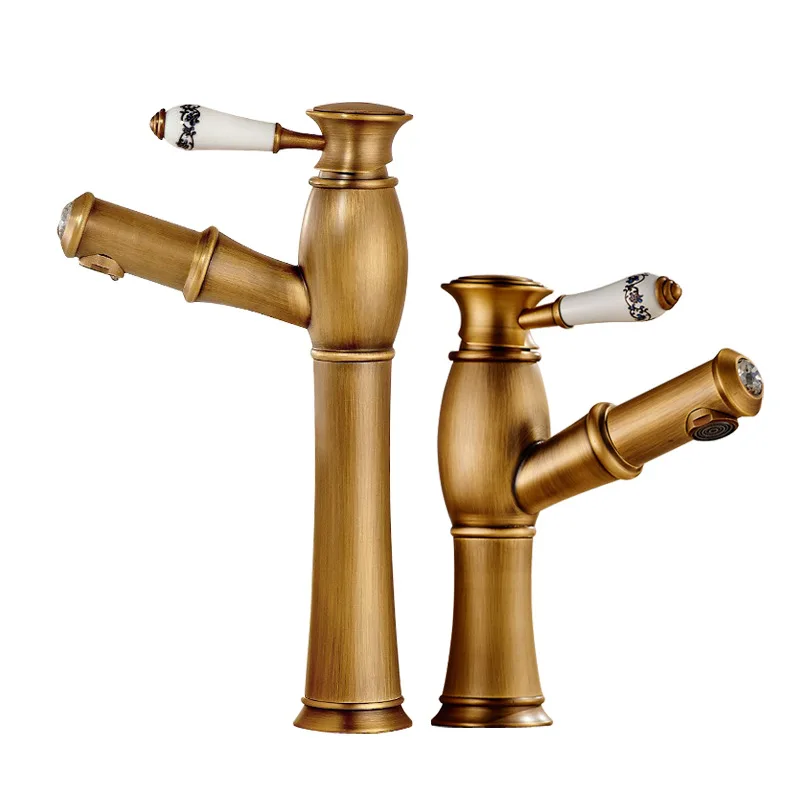 

European-style antique brass pull-out table basin, washbasin, hot and cold faucet, ceramic handle retro faucet
