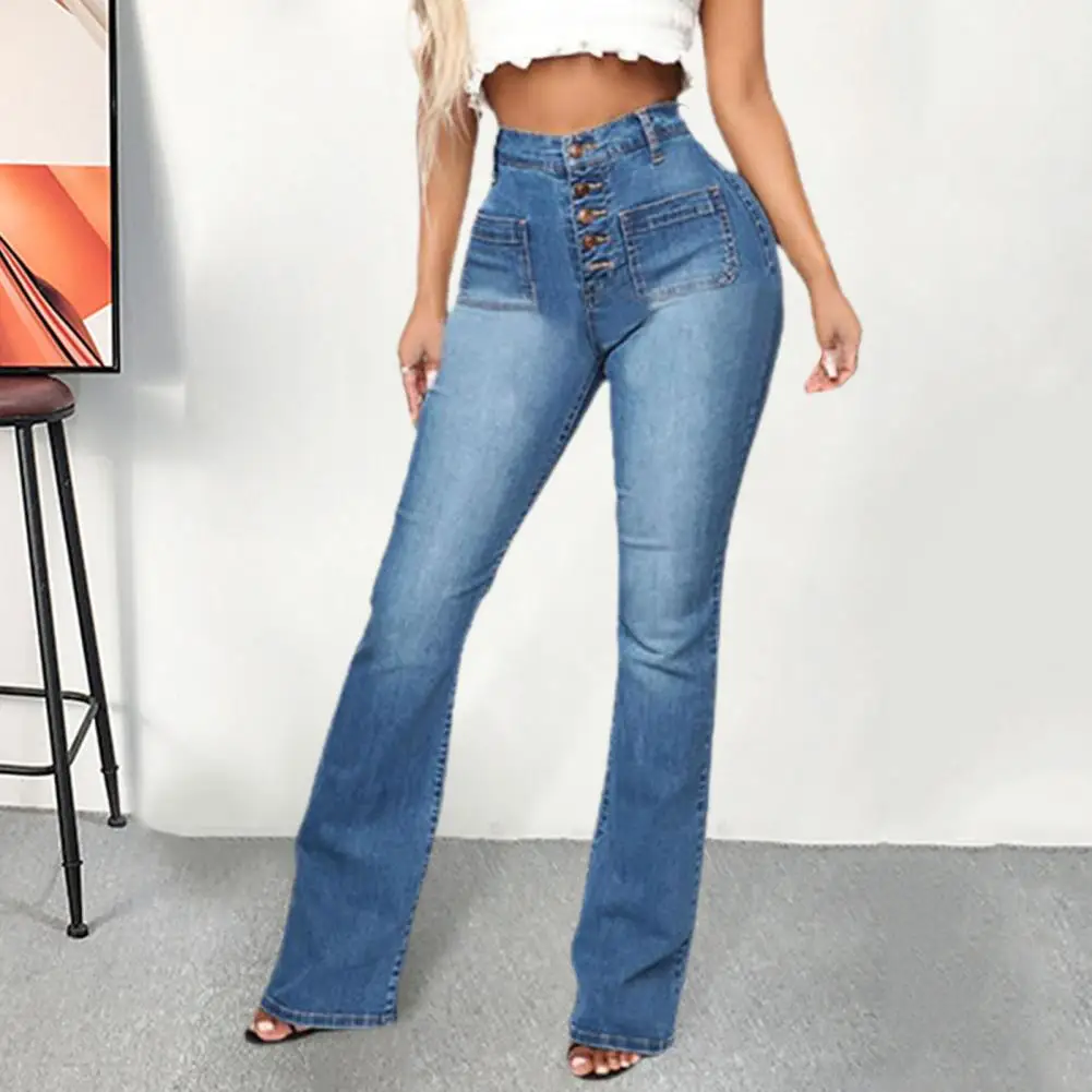 

Flared Hem Denim Trousers Flattering High Waist Flared Hem Jeans Stylish Solid Color Denim Pants with Multi Pockets for Women