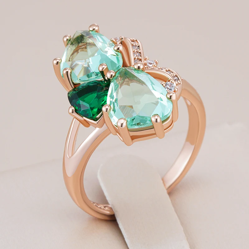 Kinel Unique Green Stone Big Ring for Women Fashion Rhombus Natural Zircon Accessories 585 Rose Gold Color Vintage Daily Jewelry