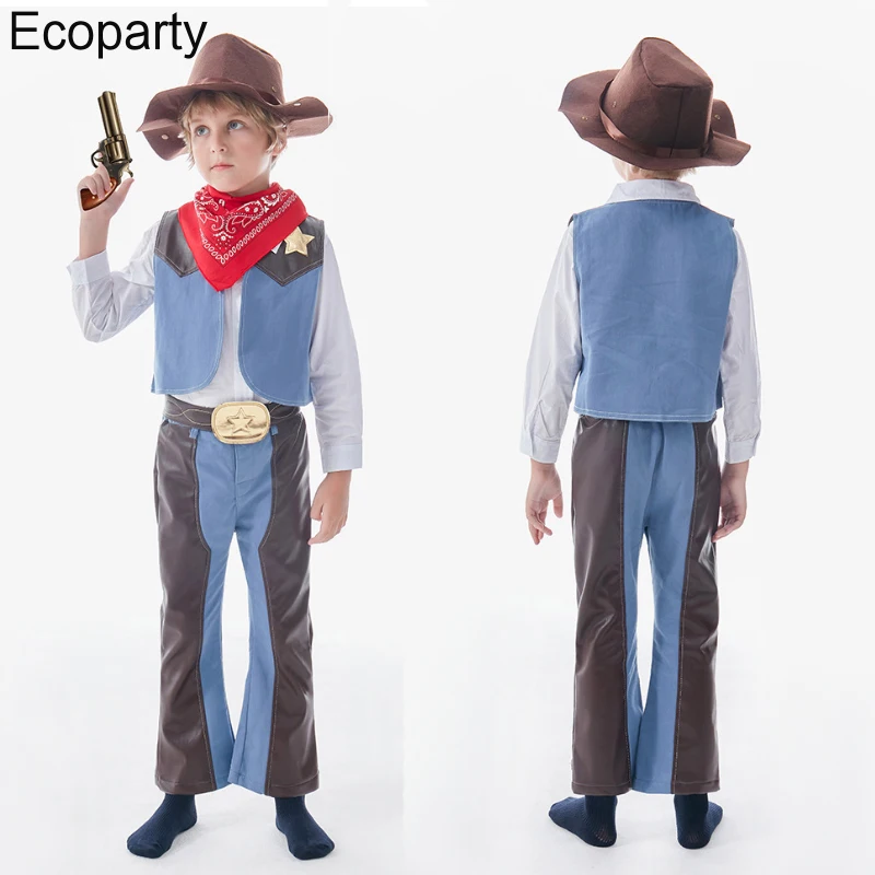 

New Boys West Cowboy Cosplay Costume Children Pu Leather Splicing Vest Trousers Hat Suit Halloween Purim Party Outfits For Kids