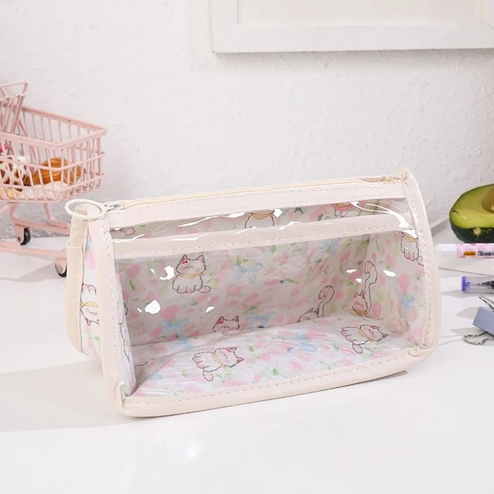 Durable Large Capacity Transparent Pencil Case Multifunctional Clear PVC Pen Bag Zipper Cartoon Print Stationery Pouch