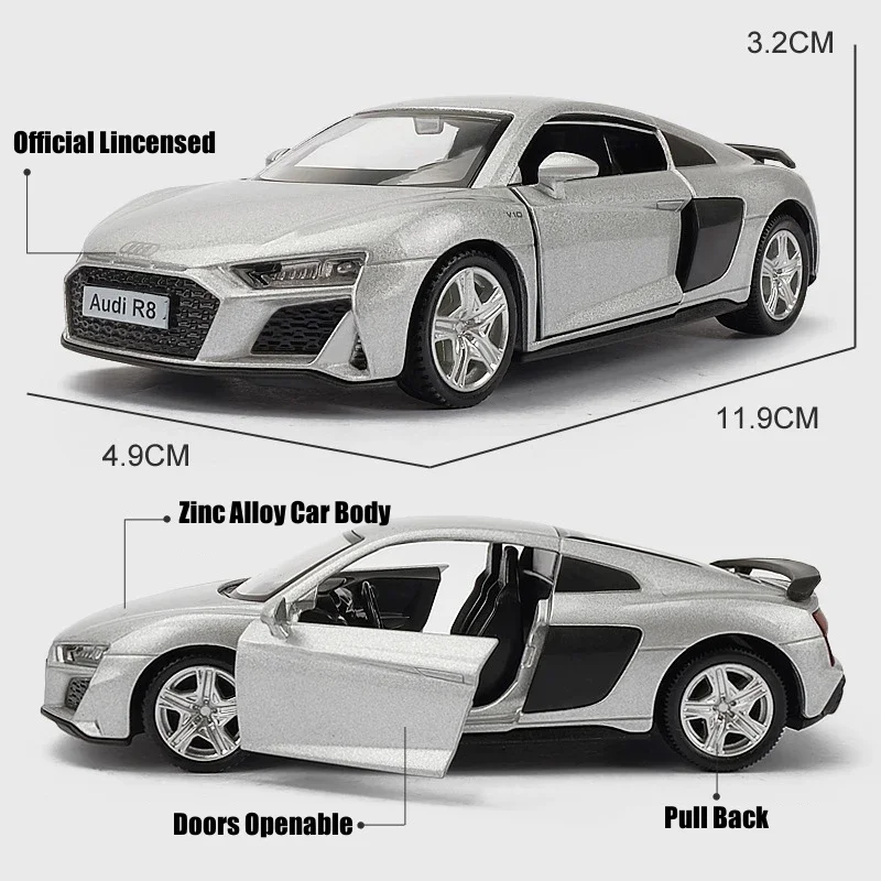 1/36 Audi R8 Coupe GT Spyder Toy Car Model RMZ City 3'' Diecast Super Sport Racing Miniature Pull Back Collection Gift Kid Boy