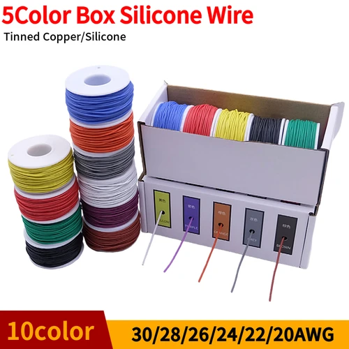 Cable de silicona de 5 colores, alambre de cobre estañado, cable eléctrico DIY, cable eléctrico suave, Kit de gancho Flexible, cable 20/22/24/26/28/30AWG