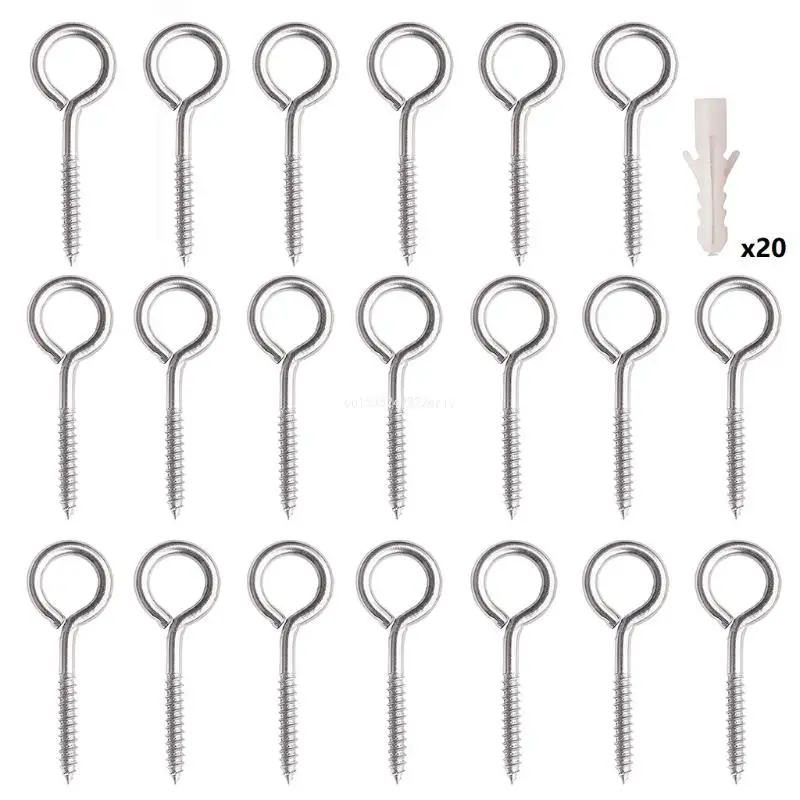 20 PCS Eye-Shape Ring Hooks Metal Cup Hooks Stainless Steel Screw Eye Hooks ​Household Threaded Hook Set