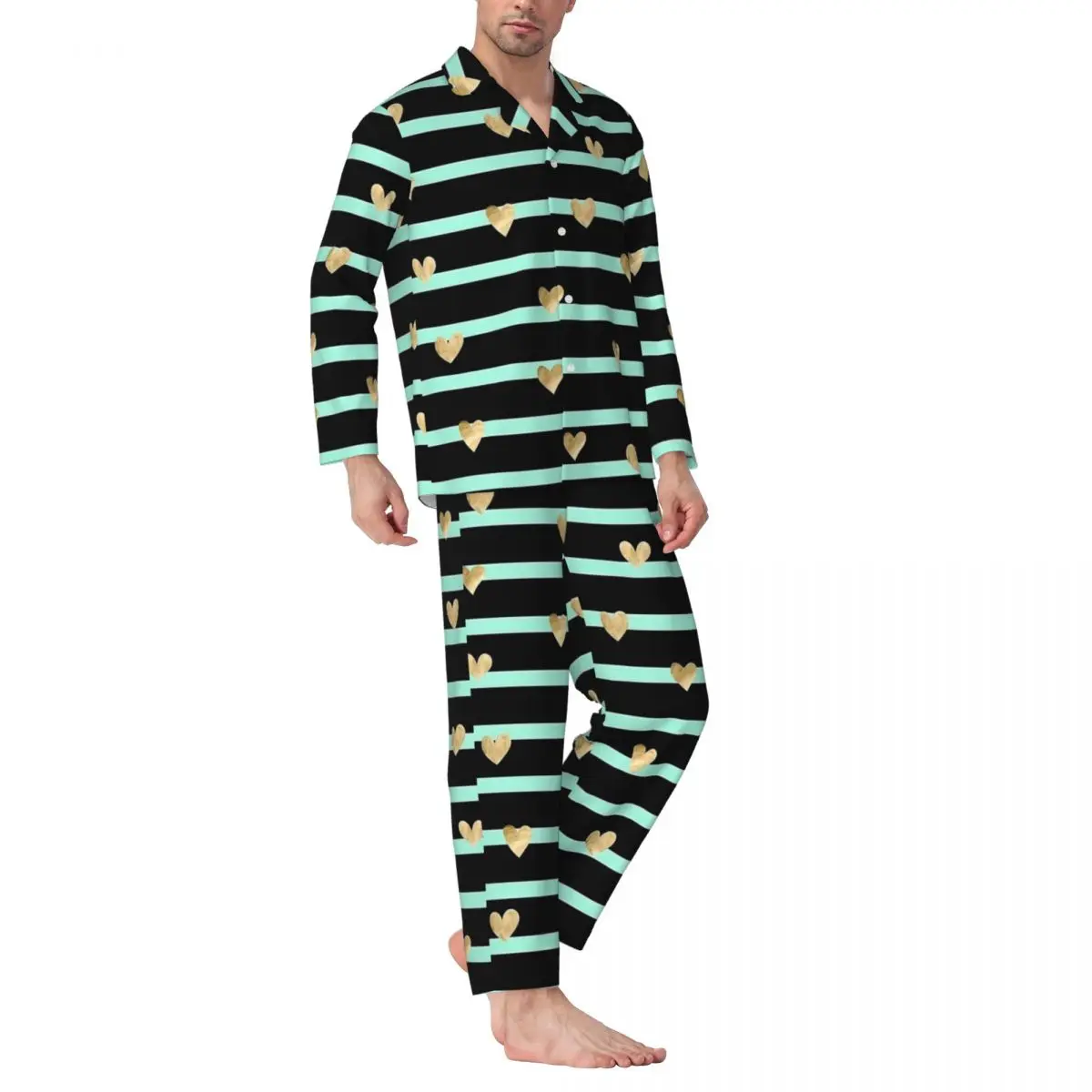 Gold Hearts And Stripes Print Sleepwear Spring Retro Oversized Pajama Set Men Long Sleeve Soft Home Graphic Nightwear