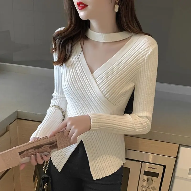 Women Autumn and Winter Korean New V-Neck Pullover Knit Bottom Shirt Irregular Spliced Fitted Sweater Long Sleeve Tops