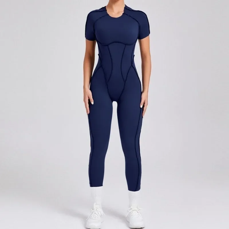 Nahtlose Yoga-Overalls, Sport-Fitness-Kombination, Hüftheben, offener Rücken, kurzärmeliges Set, Outdoor, Fitnessstudio, Workout, Trainingsanzüge für Damen – Detail 16