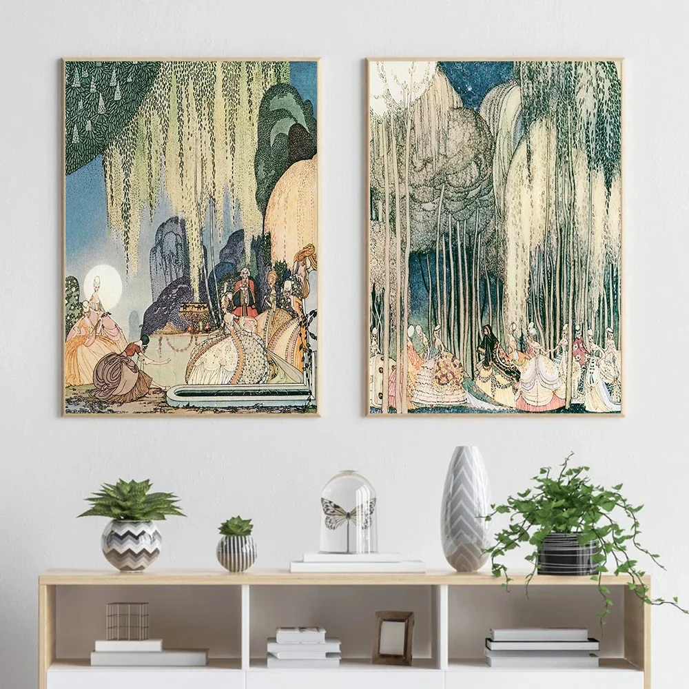 Canvas Painting Classic Nordic Fantasy Fairy Tale Art Princess Prince Retro Illustrations Poster Wall Art Home Decor Wall Decor