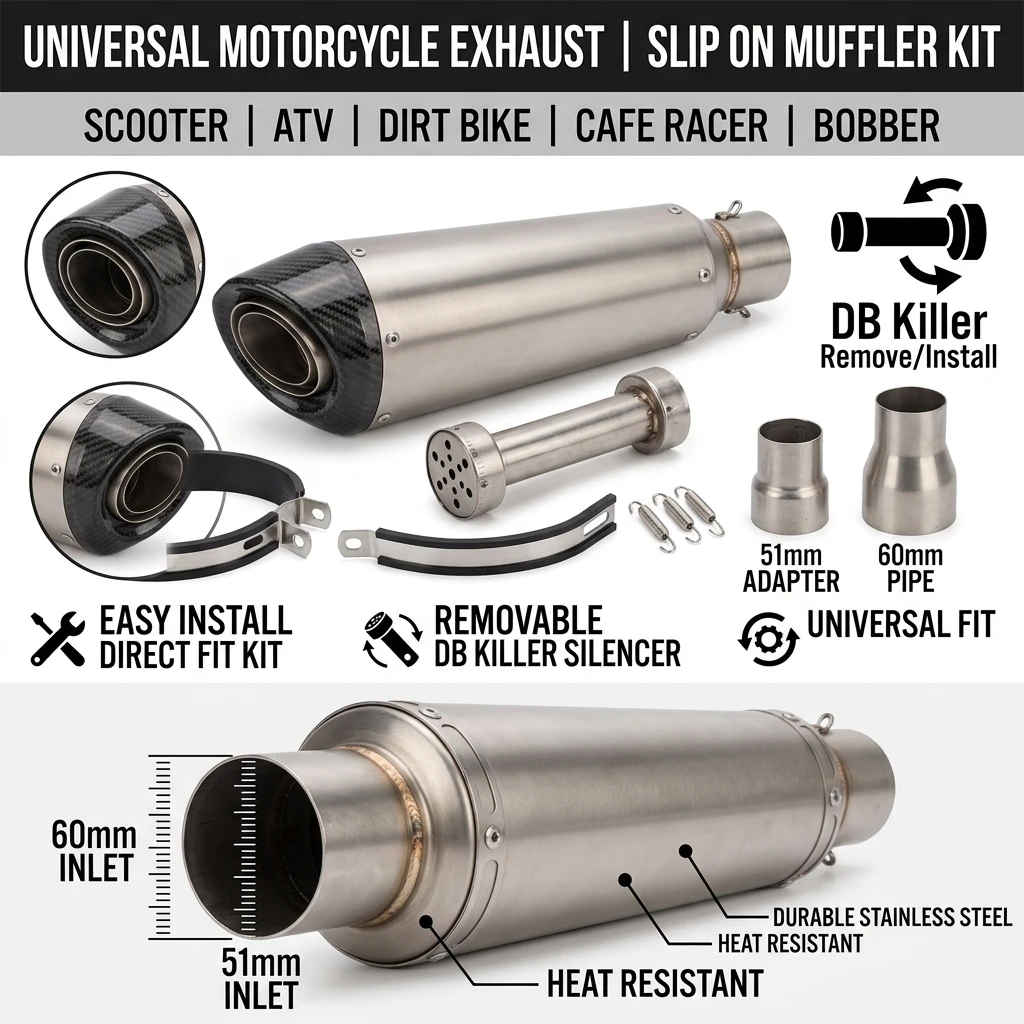 Scarico universale per moto, 51 mm, 60 mm, modello Project Escape, silenziatore a innesto con dispositivo DB Killer, deflettore rimovibile, tubo silenziatore per scooter, ATV, moto da cross, moto da