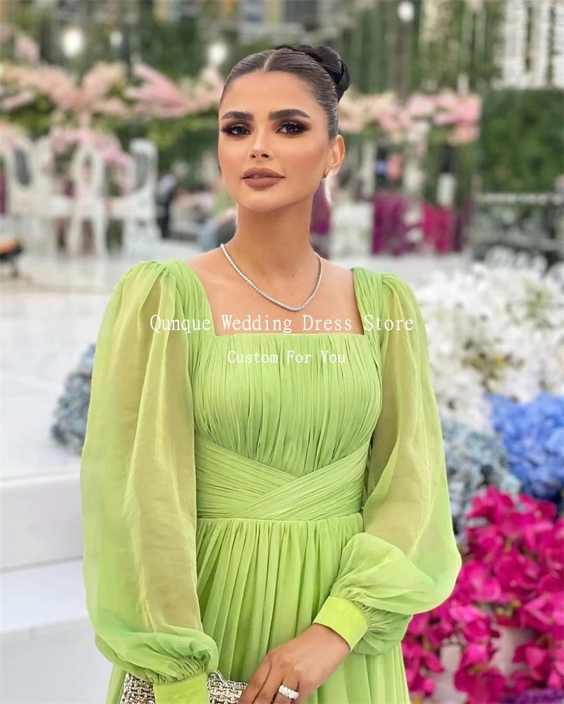 Qunque Mint Green Chiffon A Line Prom Dresses Customized Pleat Ruch Long Formal Occasion Dresses Vestidos De Gala Party Dresses