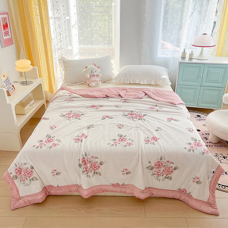 Pink Rose Smooth Air Condition Comforter Lightweight Floral Summer Quilt with Ice Silk Cooling Comforters Four Seasons Universal