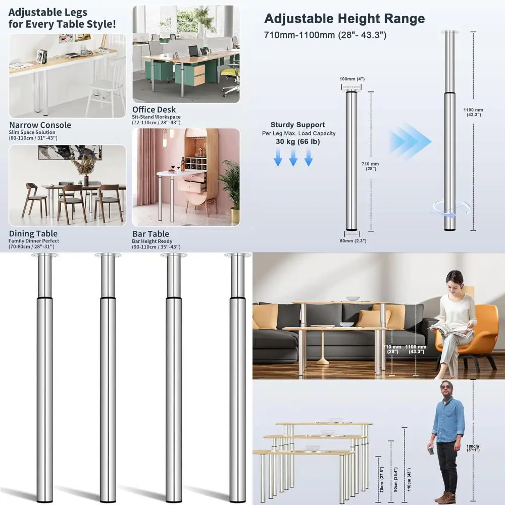 

Регулируемые металлические ножки для стола, 28-43 дюйма, комплект из 4 штук, полированный хром, для офисной и кухонной мебели