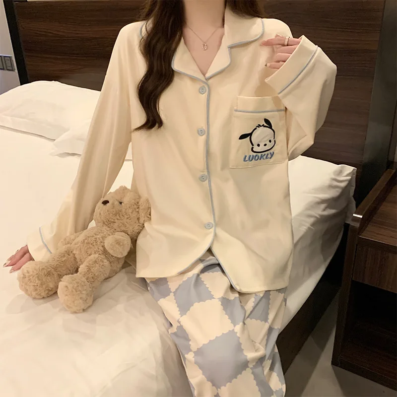 Sanrio Pacha Dog Autumn Cotton Women's Pajamas Long Sleeves Pants Cartoon Loungewear Silk Pajamas Women's Pajamas Pants Set