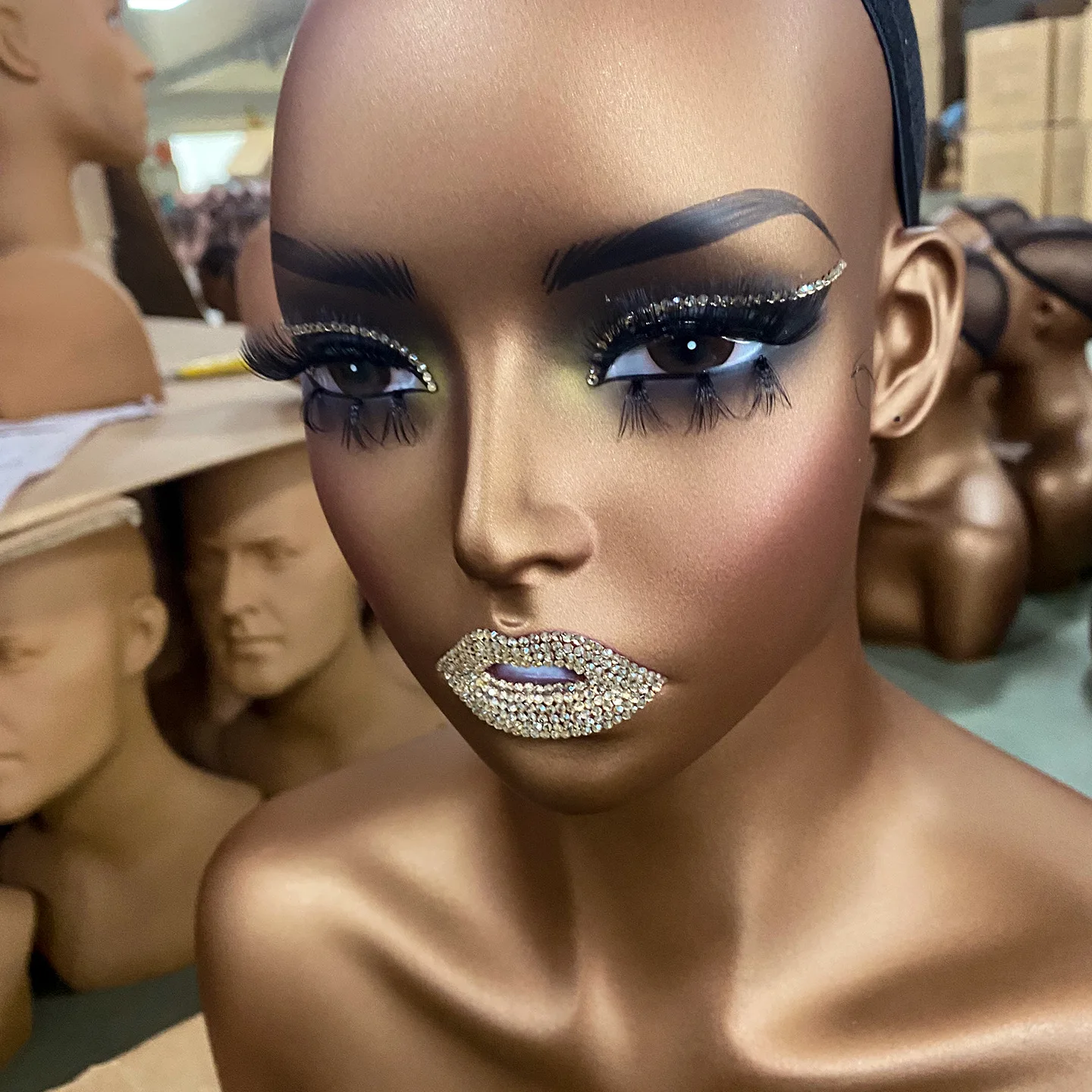 Black Female Mannequin Head with Shoulders, African Half Body Wig Bust Manikin, Model with Bling Rhinestone Lips for Wig Display view 2