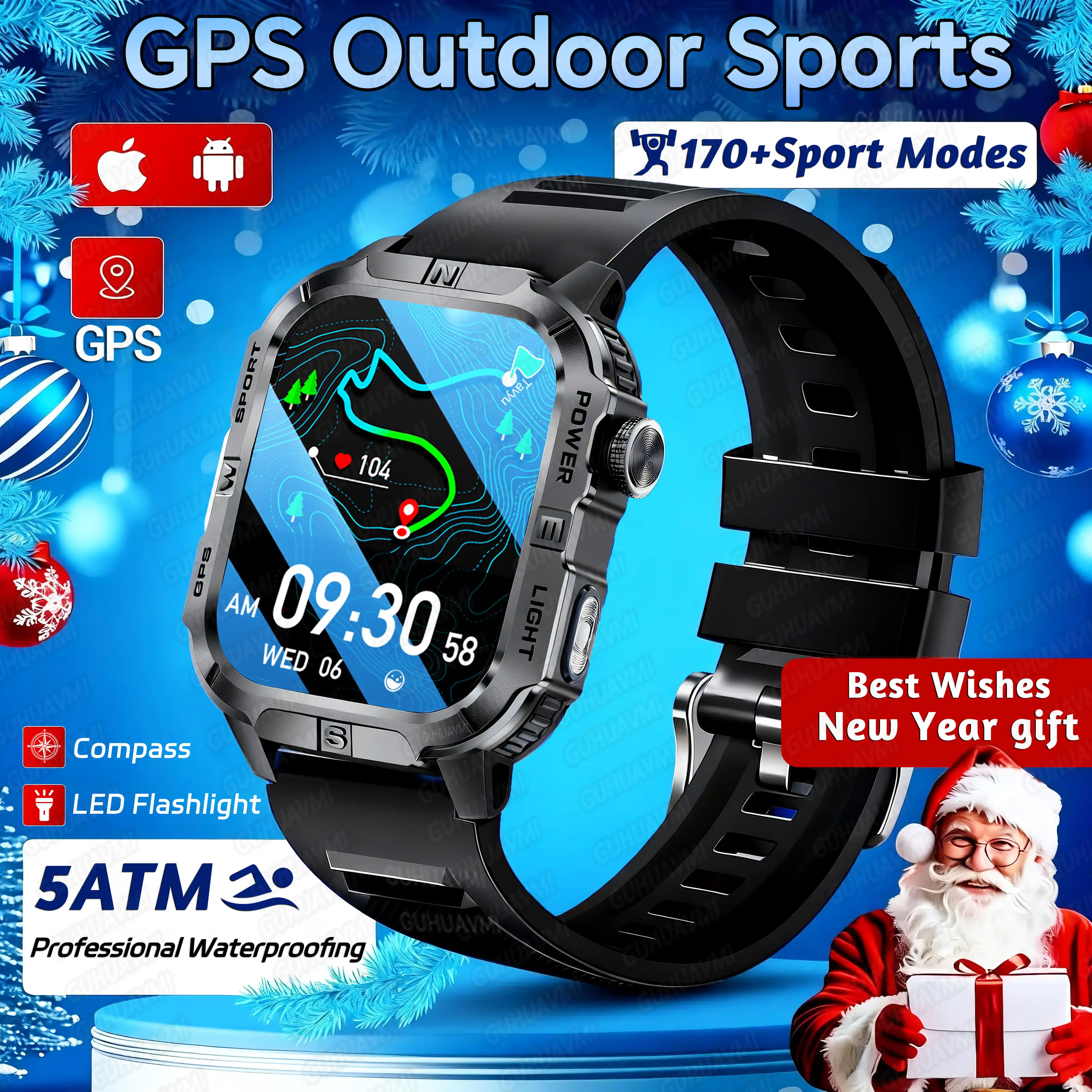 

2026 New Military GPS SmartWatch 2.01" AMOLED Built in GPS Compass Flashlight 5ATM Bluetooth Call Waterproof Sports Bracelet Men
