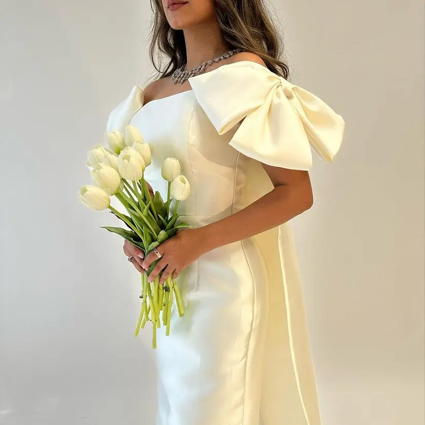 FLORINE TULIRAIN Strapless Neckline Sheath White Taffeta Court Train Bow Wedding Evening Dress Cocktail Prom Gown For Sexy Women