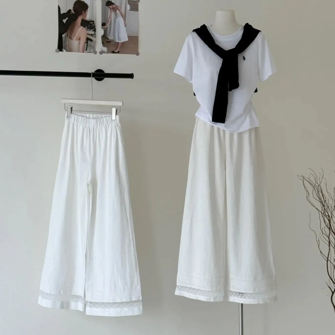 

2025 Spring New Women's Cotton Lace Splicing Lace Wide Leg Pants Solid Color Casual Loose Pants