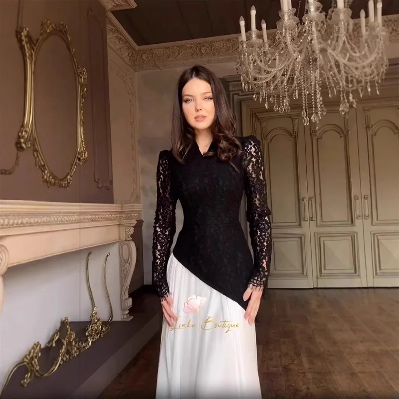 Saudi Arabia Lace Women Prom Dress Black White Autumn Fall Full Sleeves Long Formal A Line Pageant Robes Party Evening Gown