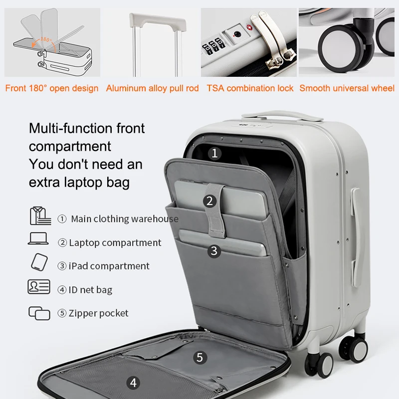 Aluminum frame front laptop pocket luggage pull rod box universal wheel password business travel modern boarding suitcase