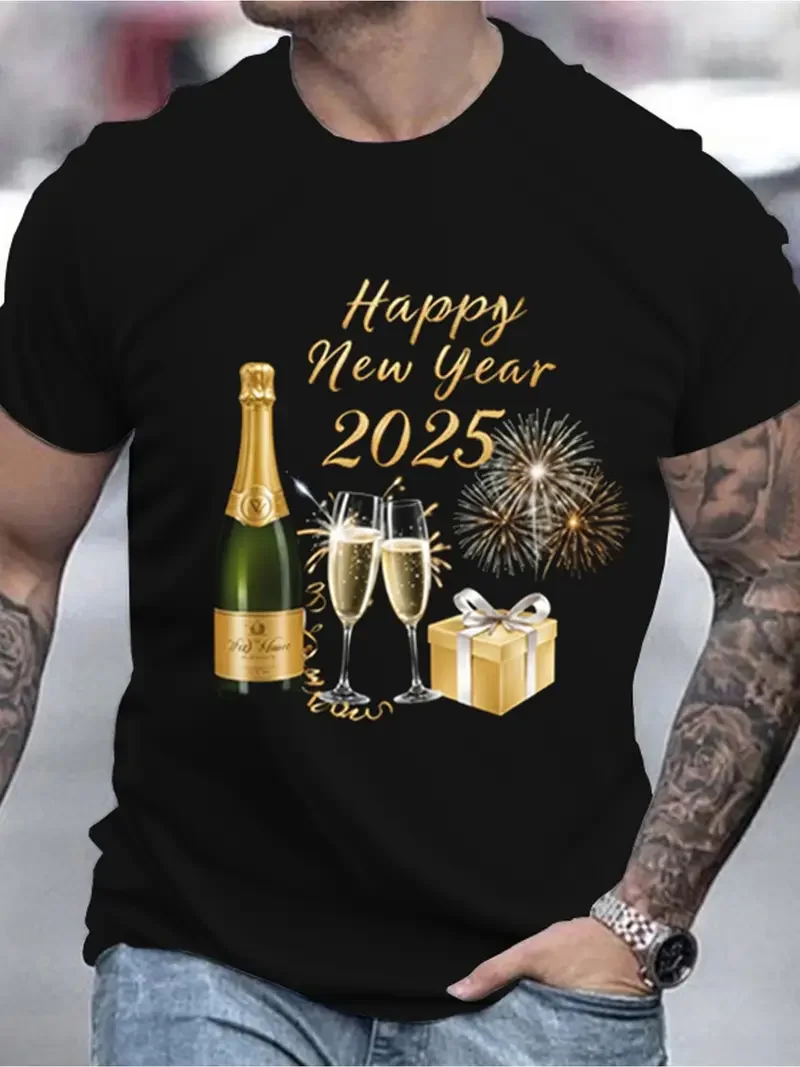 

2025 Happy New Year Celebration Men's T-shirt Fashion Casual Round Neck Champagne and Fireworks 3D Printed Short Sleeve T-shirt