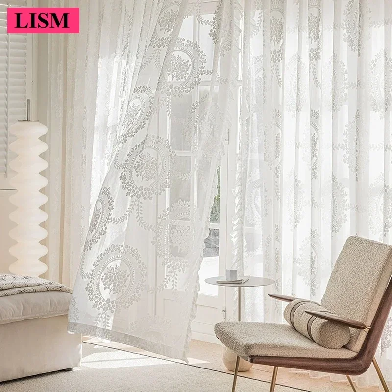 

French Relief Yarn Curtains For Living Room Bedroom Light Luxury Thickened Lace Floral Decor Custom Window Blackout White Tulle
