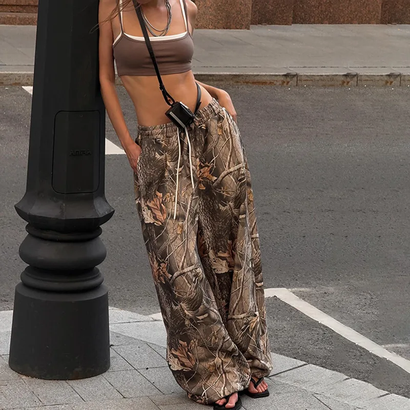 Women's clothing Jingtuan camouflage printed high-waist drawstring elastic loose straight base casual street knitted sweatpants