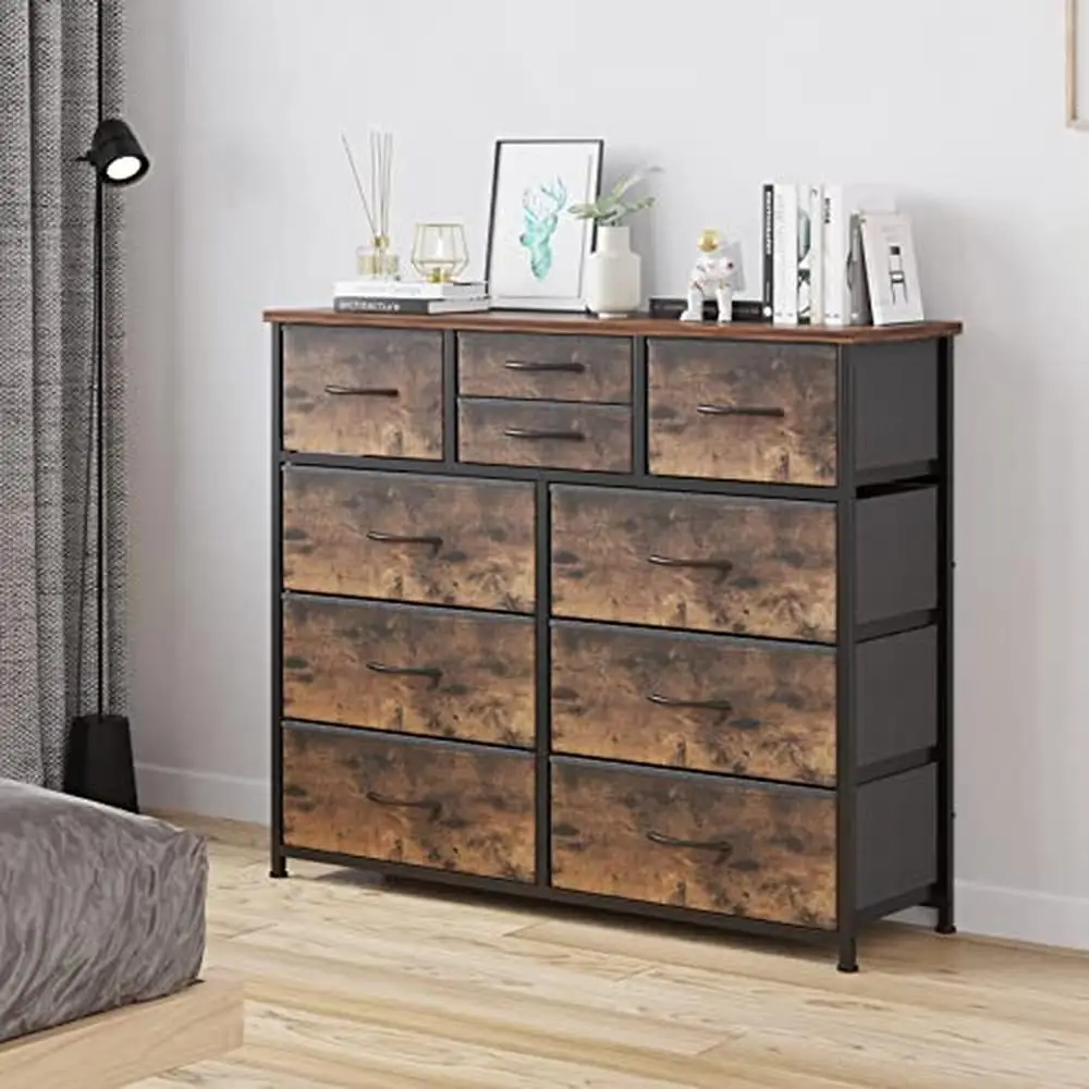 Tecido Armazenamento Dresser Closets, corredor Berçário Closets, aço Madeira Top, fácil Puxar Handle, Rustic Brown Solução De Armazenamento, 10-Gaveta