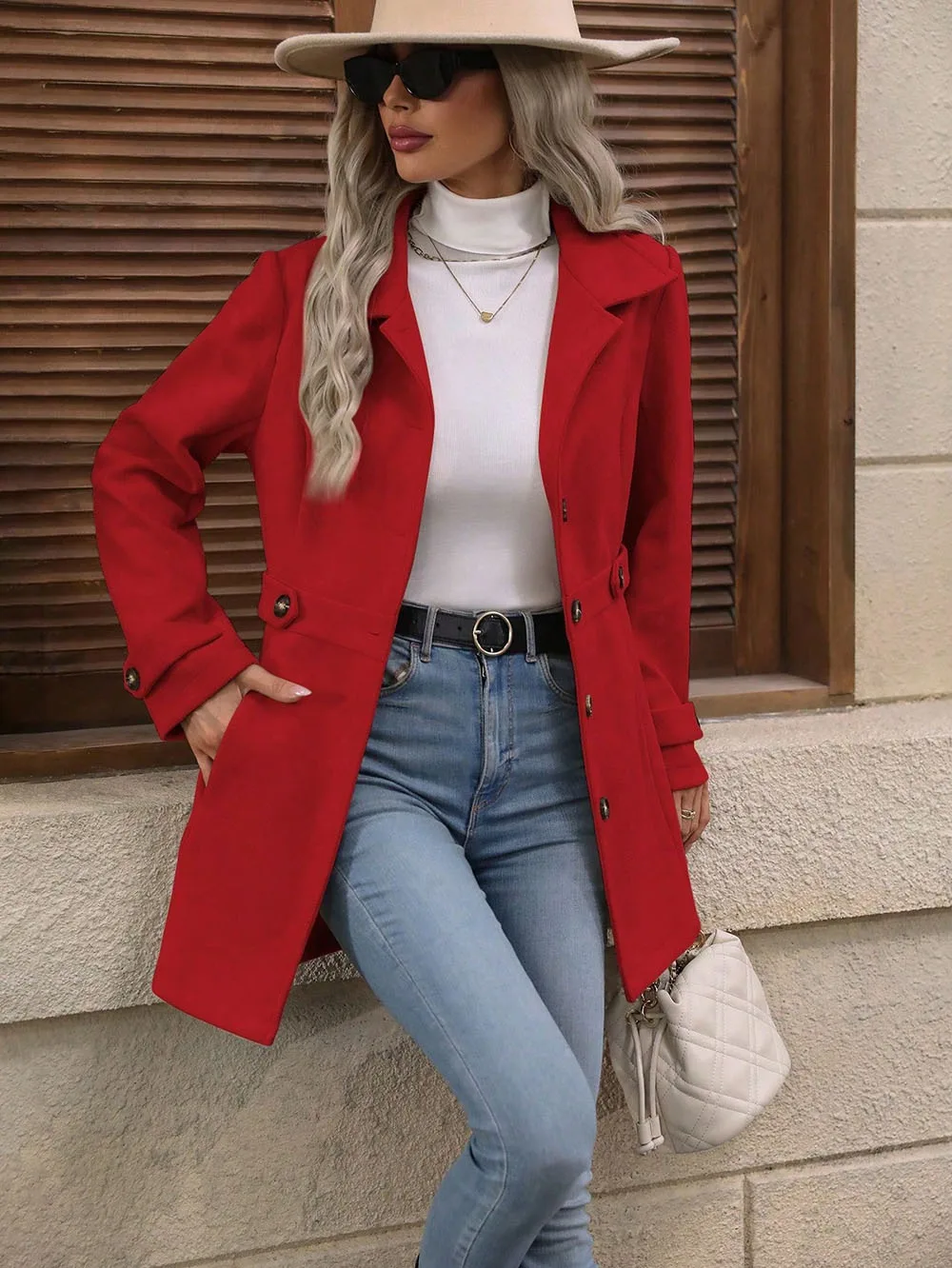 Women Wool Blend Coat, Lapel Mid Length Single Breasted Slim Outerwear, Casual Elegant Overcoat, Fall Winter Must Have Jacket