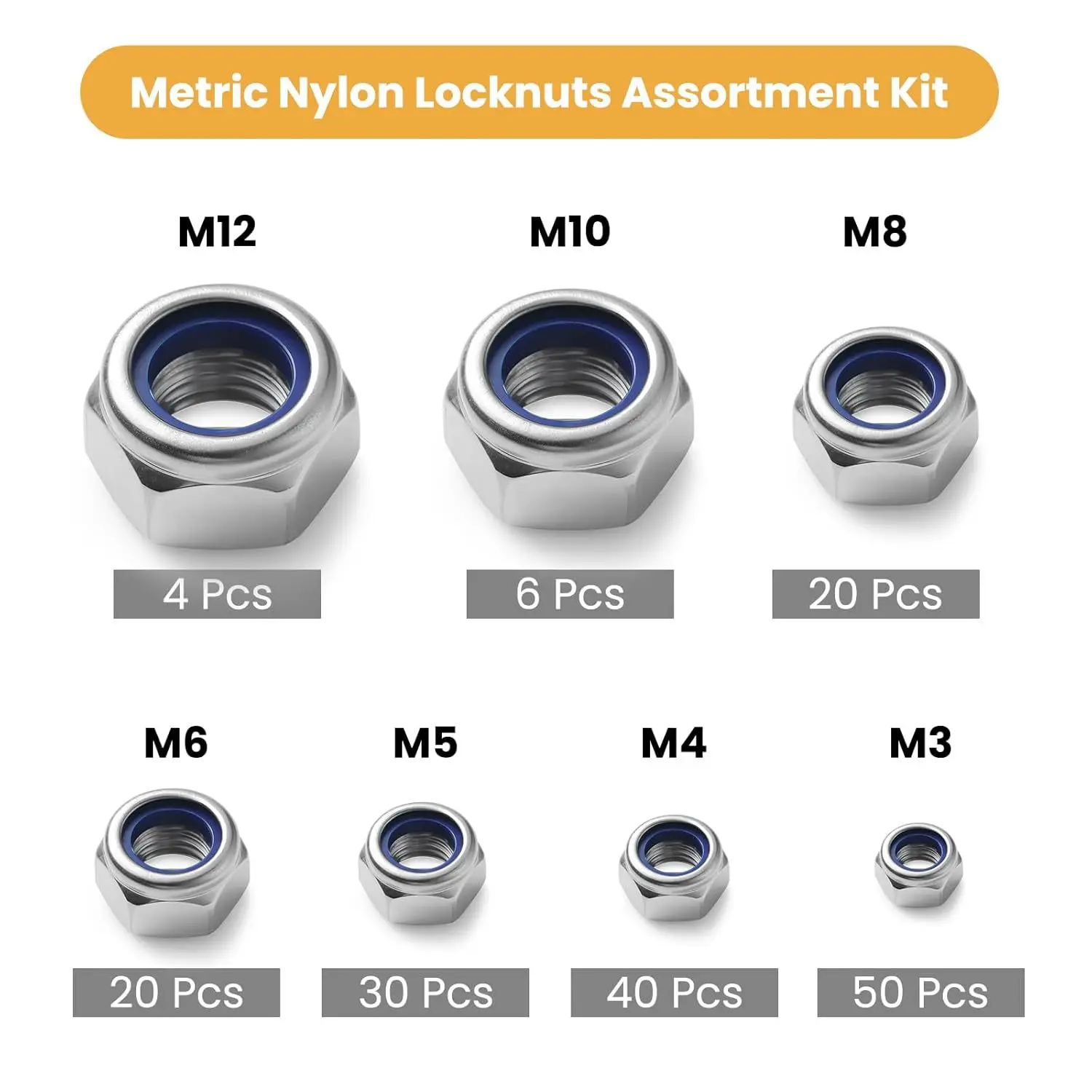 170Pcs Metric Lock Nut Combination Set M3 M12 Nylon Insert Lock Nut Set