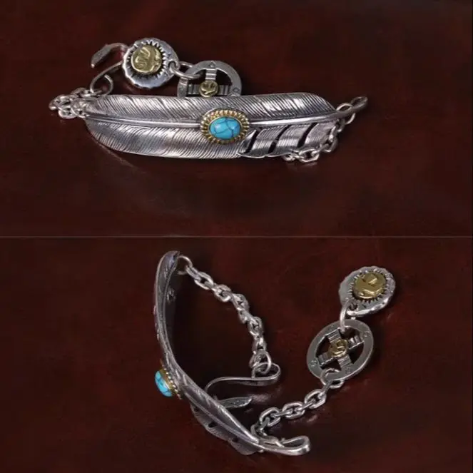 

Thai Silver Fashion Ethnic Style Couple Jewelry 925 Sterling Silver Bracelet Handmade Turquoise Feather Bracelet