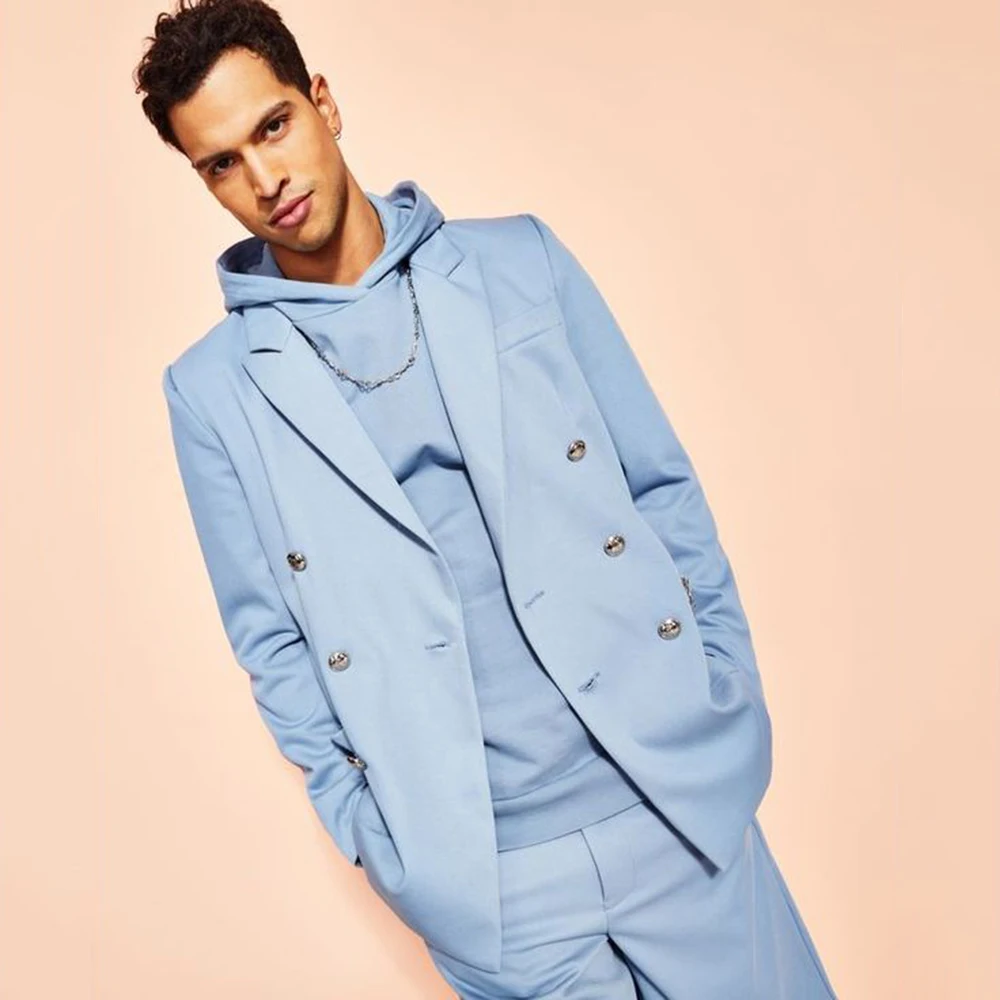 

Fashion Blue Suits for Men Double Breasted 2 Pieces Jacket Pants Male Clothing Slim Fit Party Singer Office Costume Homme