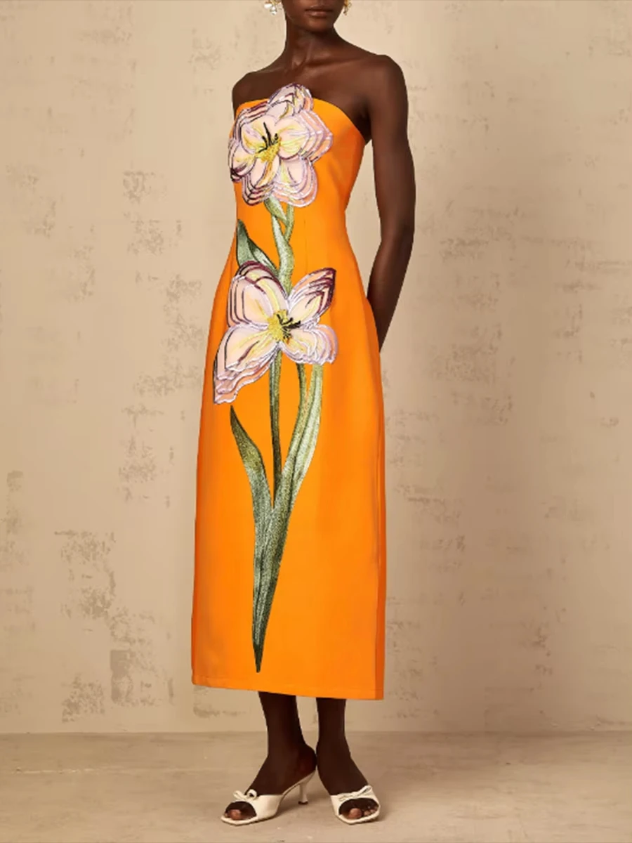 High Quality Hit Color Slimming Spliced 3D Flower Elegant Dresses for Women Strapless Sleeveless Temperament Dress Female Newest