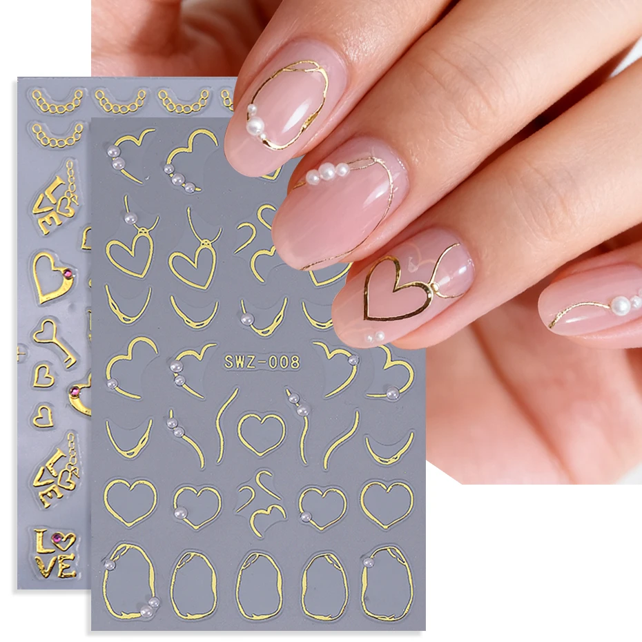 สติกเกอร์ติดเล็บรูปหัวใจสีทองประกาย 2 ชิ้น พร้อมเพชรลายเส้นไม่สม่ำเสมอ สไตล์ Y2K แบบติดกาว สำหรับตกแต่งเล็บ DIY