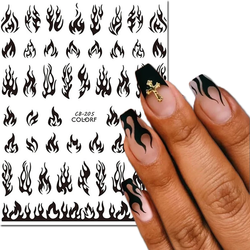 3d Nail Art Decals French Tips Black White Gold Silver Flames Adhesive Sliders Nail Stickers Decoration For Nail Manicure