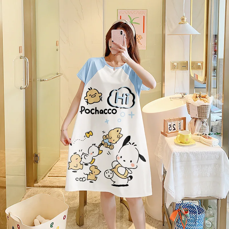 Hello Kitty Nightgown Women Girls Kuromi Pochacco Summer Dress Casual Sleepwear Cartoon Anime Peripheral Loungewears Dresses