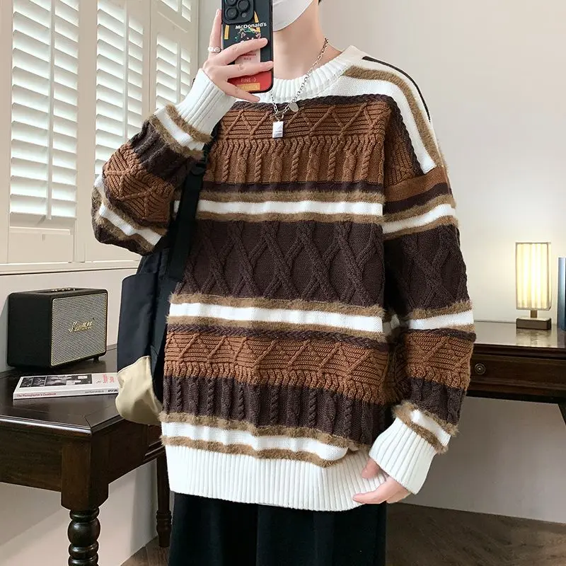 Vintage Striped Knitted Pullovers Men's Clothing Japan Style O-Neck Autumn Winter New Stylish Contrasting Colors Casual Sweaters