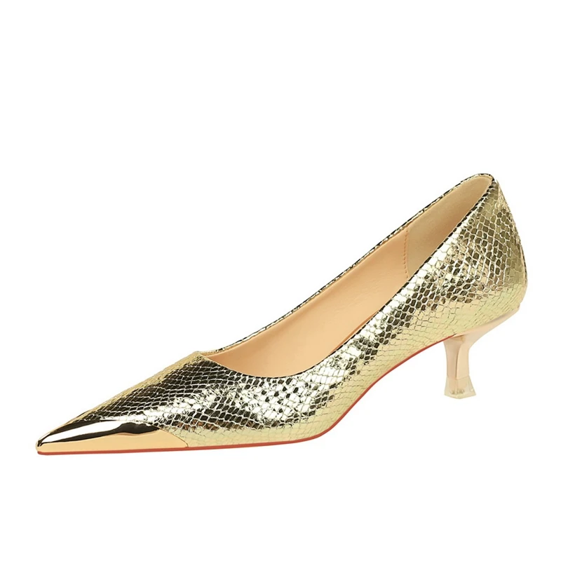 

Women's new anti-collision metal toe, pointed middle heel, snake pattern sequins, sexy banquet fashion, single shoes, work shoes