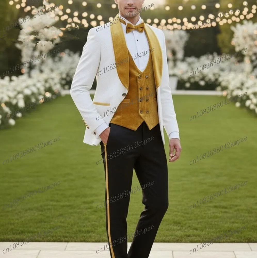 

White Black Gold Velvet Formal Men Suit Groom Groomsman Wedding Party Prom Business Male Tuxedos 3 Piece Set Blazer Vest Pants