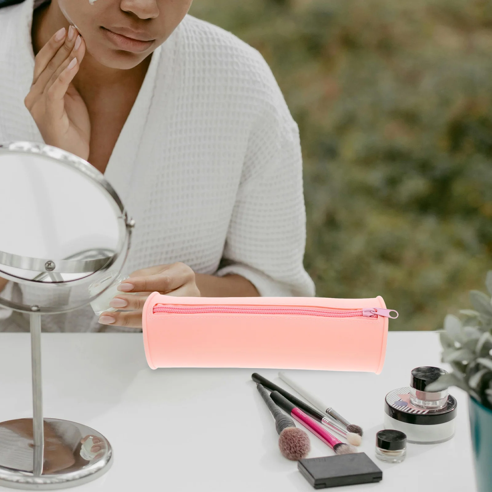 

Silicone Makeup Brush Storage Bag Travel Pouch Clear Case Pink Sand Color Waterproof Flexible Organizer