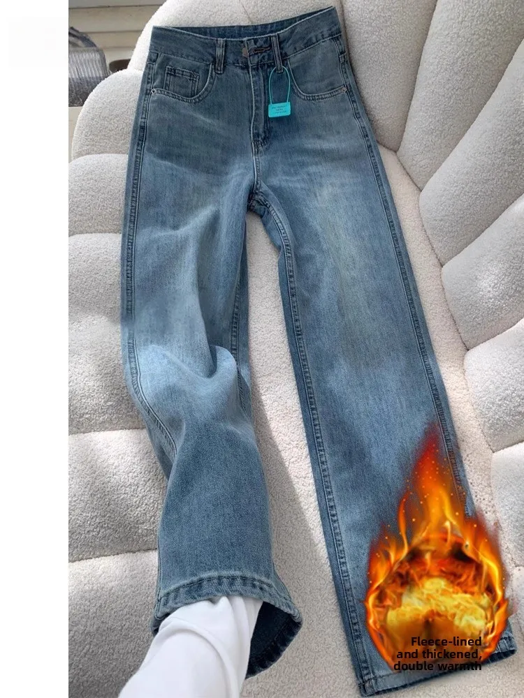 plus Size Fce Lined Thi Denim Jeans Women Winter Loose Wide Leg High Waist Straight Cut Casual Trousers Comfortable Fit