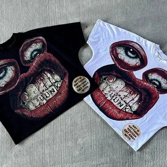 

Y2K Cotton T Shirt Mens Womens Harajuku Hip Hop Big Eyes Mouth Graphic Printed Oversized T Shirt Retro Classic Short Sleeve Tops