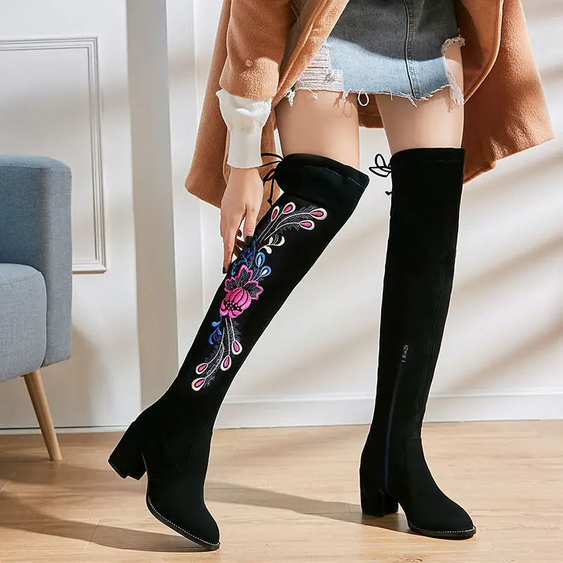 Sexy Women\'s Over Knee Boots Embroidered Thigh Boots Ladies Casual 2022 Winter Keep Warm Snow Boots High Heels Shoes Woman