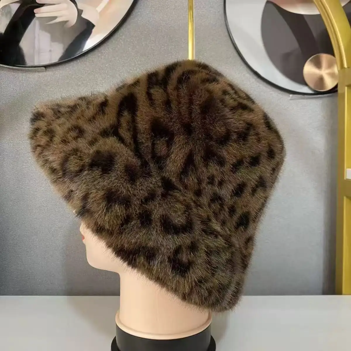 Leopard Print Faux Mink Fur Bucket Hat, Women Trendy European American Versatile Fur Basin Hat