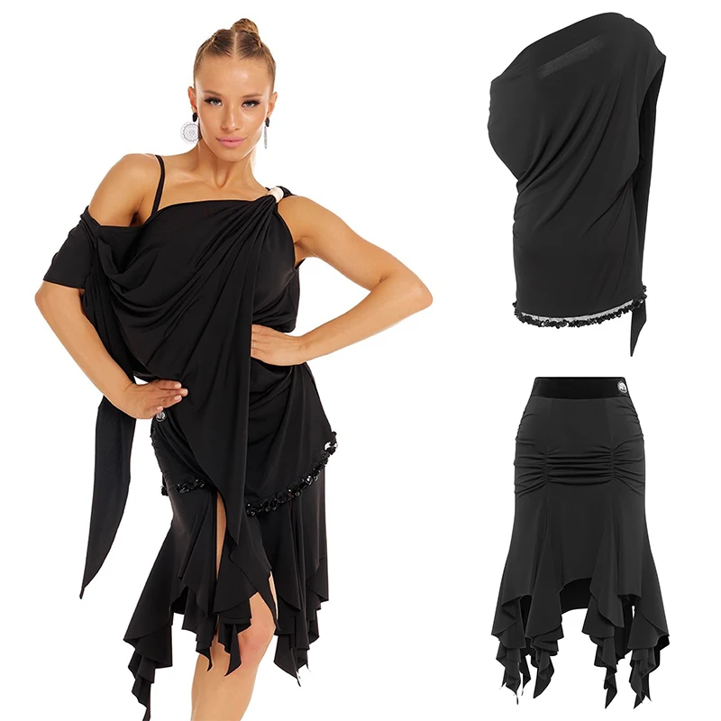 

Новые костюмы для выступлений DUYQ, одежда для латинских танцев, свободные топы с наклонными плечами, юбки нестандартной формы, платье для чача, румбы, танго, DN22005