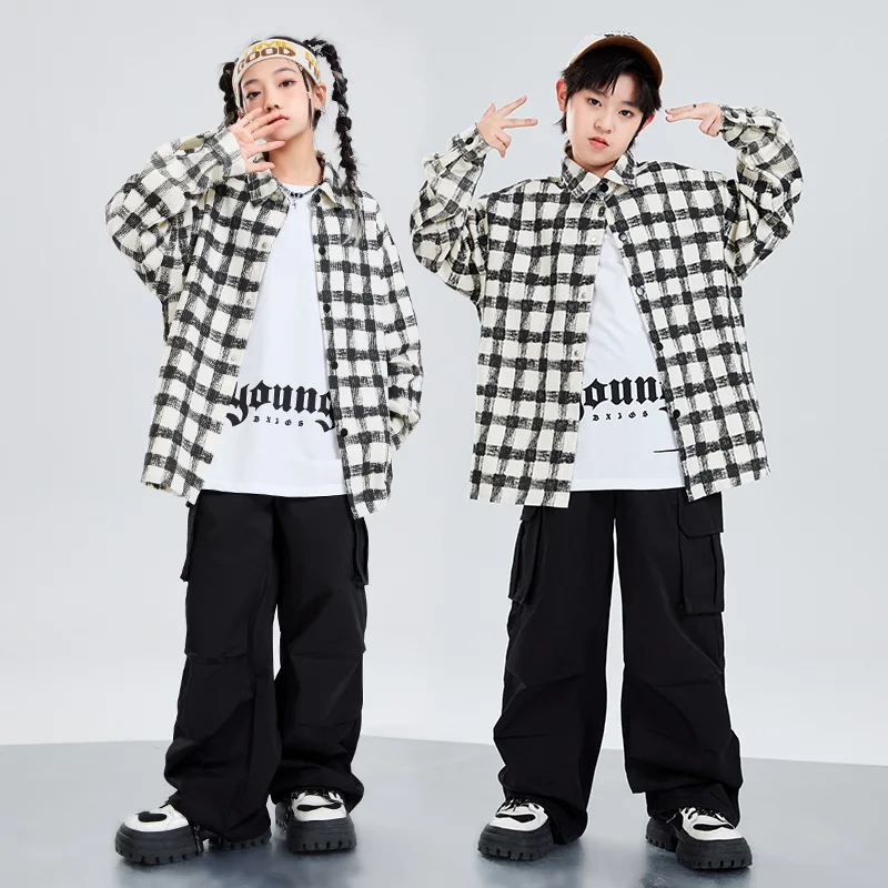 Hip Hop Jungen Street Dance Kariertes Hemd Cargo Hosen Mädchen K-pop Coole Bluse Kleidung Sets Kinder Streetwear Kinder Jazz kostüme