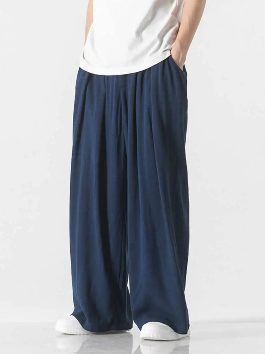 

Men's Casual Harem Pants Cotton Linen Loose Leg Trousers Breathable Summer Long Pants Straight Cut Wide Leg Men's Summer