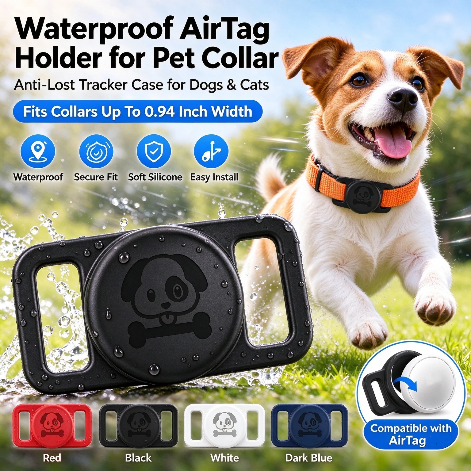GITFOS Waterproof AirTag Holder for Dog Collar, Soft Silicone Slide-On Case, No-Dangle, Fits Up to 0.94 Inch Dog Cat Collars